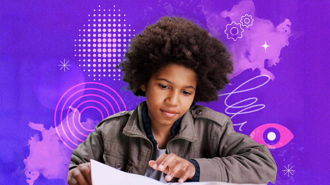 Photo of child turning the page of a book against an illustrated background