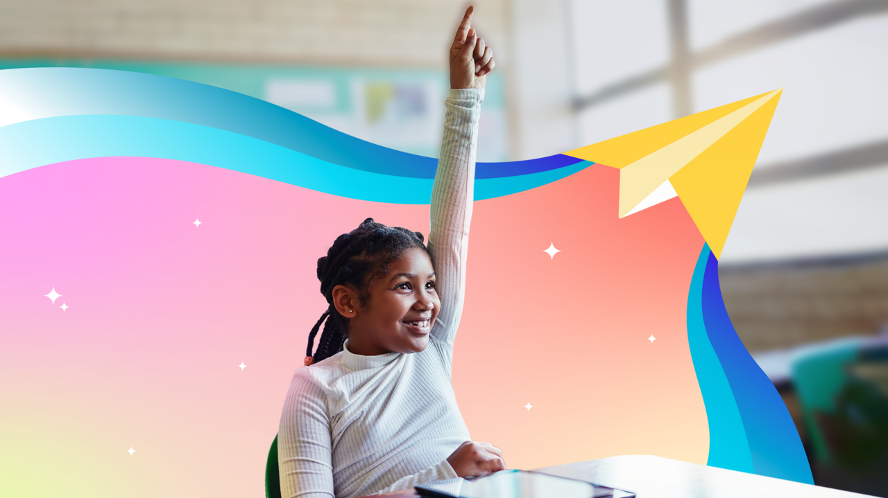 Young student sitting in desk, pointing to the sky with paper airplane illustration in background