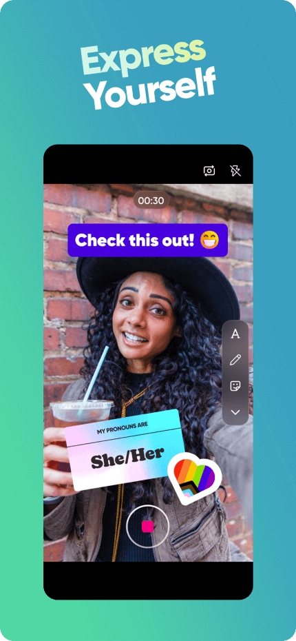 Diapositiva titulada Express Yourself que muestra la cámara en la aplicación con pegatinas superpuestas