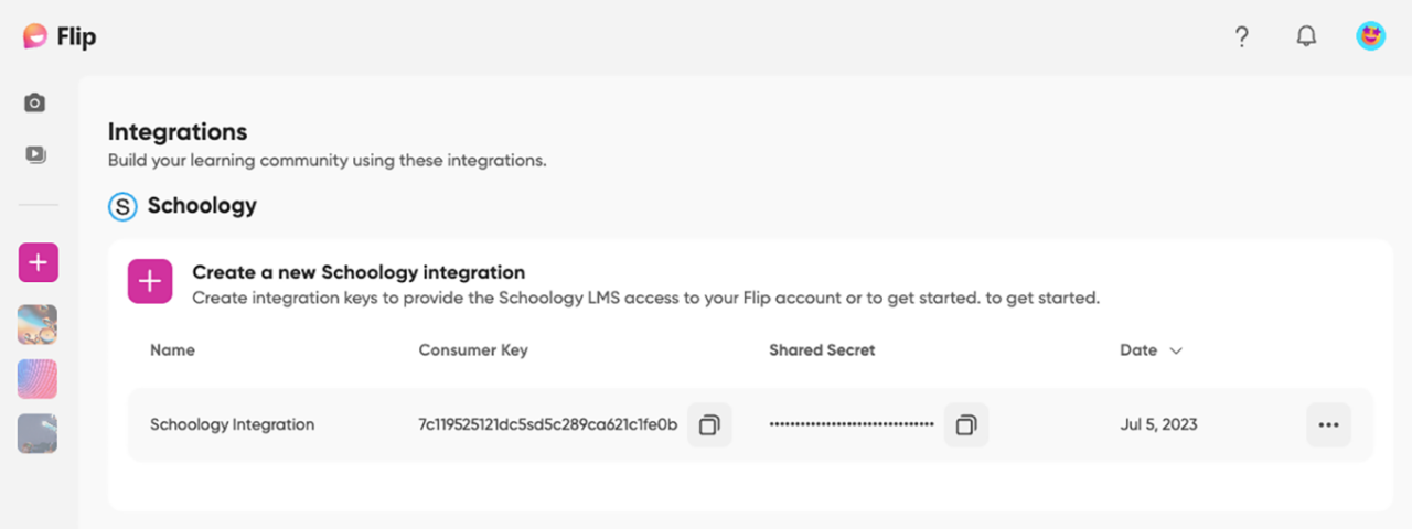 Screenshot of the Integrations tab of the Flip app, showing where you can add a Schoology integration
